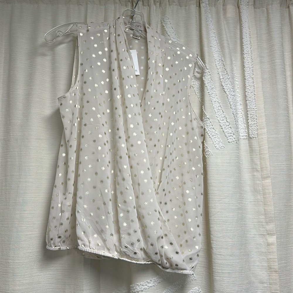 NWT Loft size XS Ivory/gold dots sheer sleeveless faux wrap top